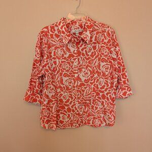 Coldwater Creek coral orange and white 3/4 sleeve blouse XL roses EUC